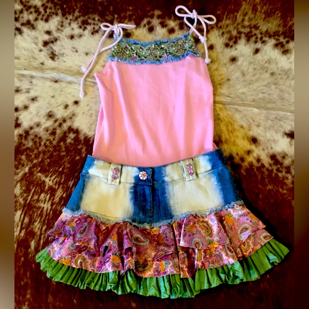 Girl’s size 12 pink dress with sparkles and denim.